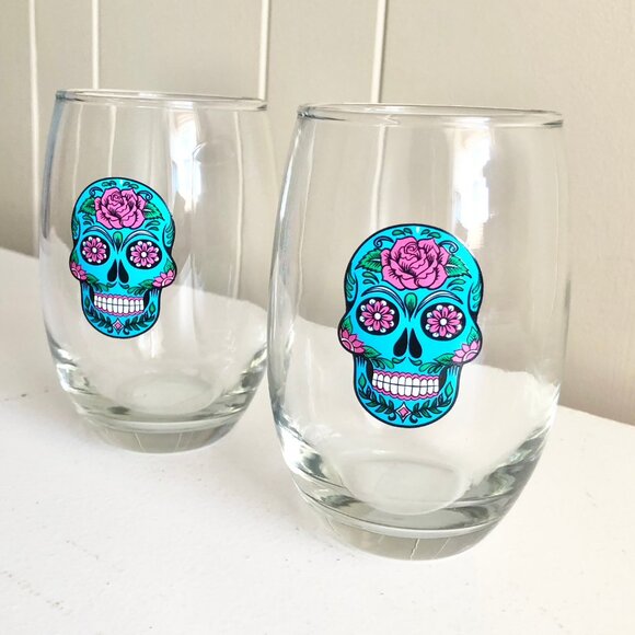 Aqua Blue Sugar Skull Stemless Wine Glasses Set of 2 Day of The Dead - Picture 1 of 4